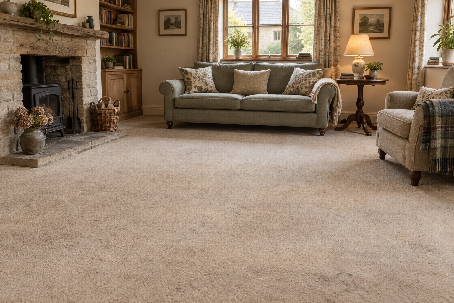 Illustrative cottage room with beige carpet
